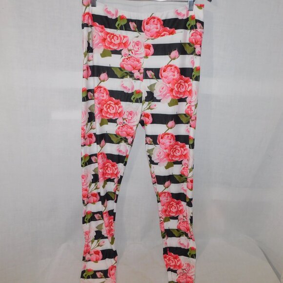 Miss T's Fashion TC2 Womens 20 to 26 Black White Striped Pink Peonies Leggings - Picture 2 of 5